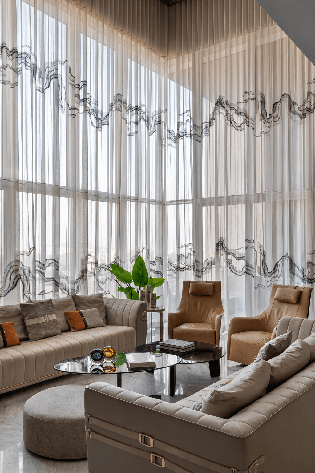 Contemporary living room with floor-to-ceiling windows, sheer curtains and custom seating