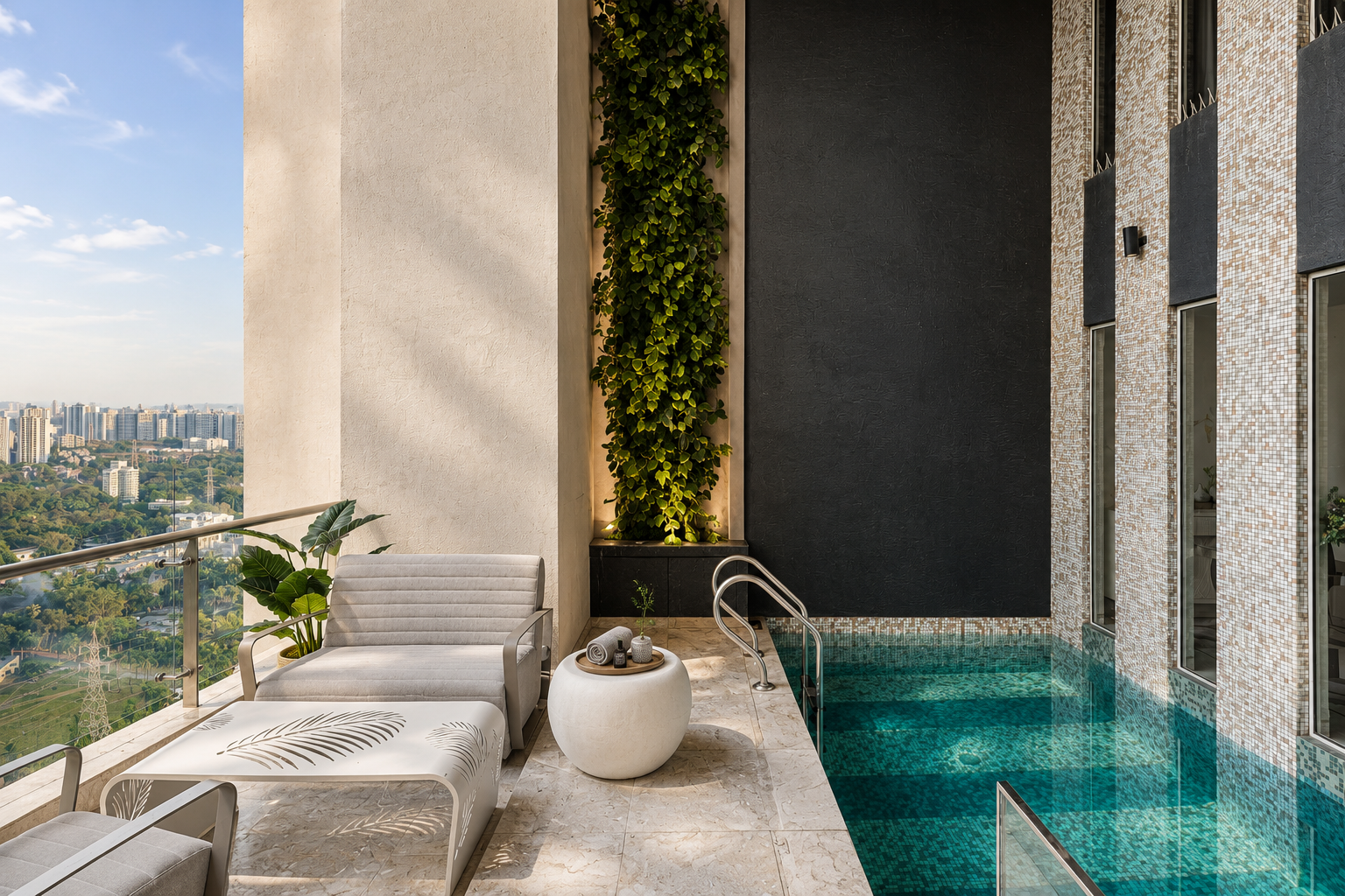 Fiorenza Residence private plunge pool and terrace overlooking the Mumbai cityscape