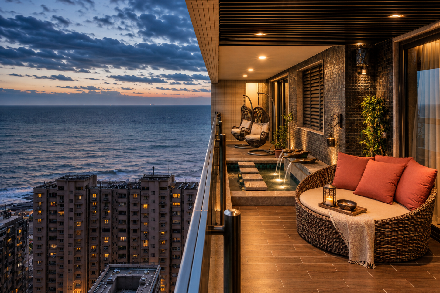 Lands End Residence sea-facing balcony with ocean views, outdoor seating and warm evening lighting