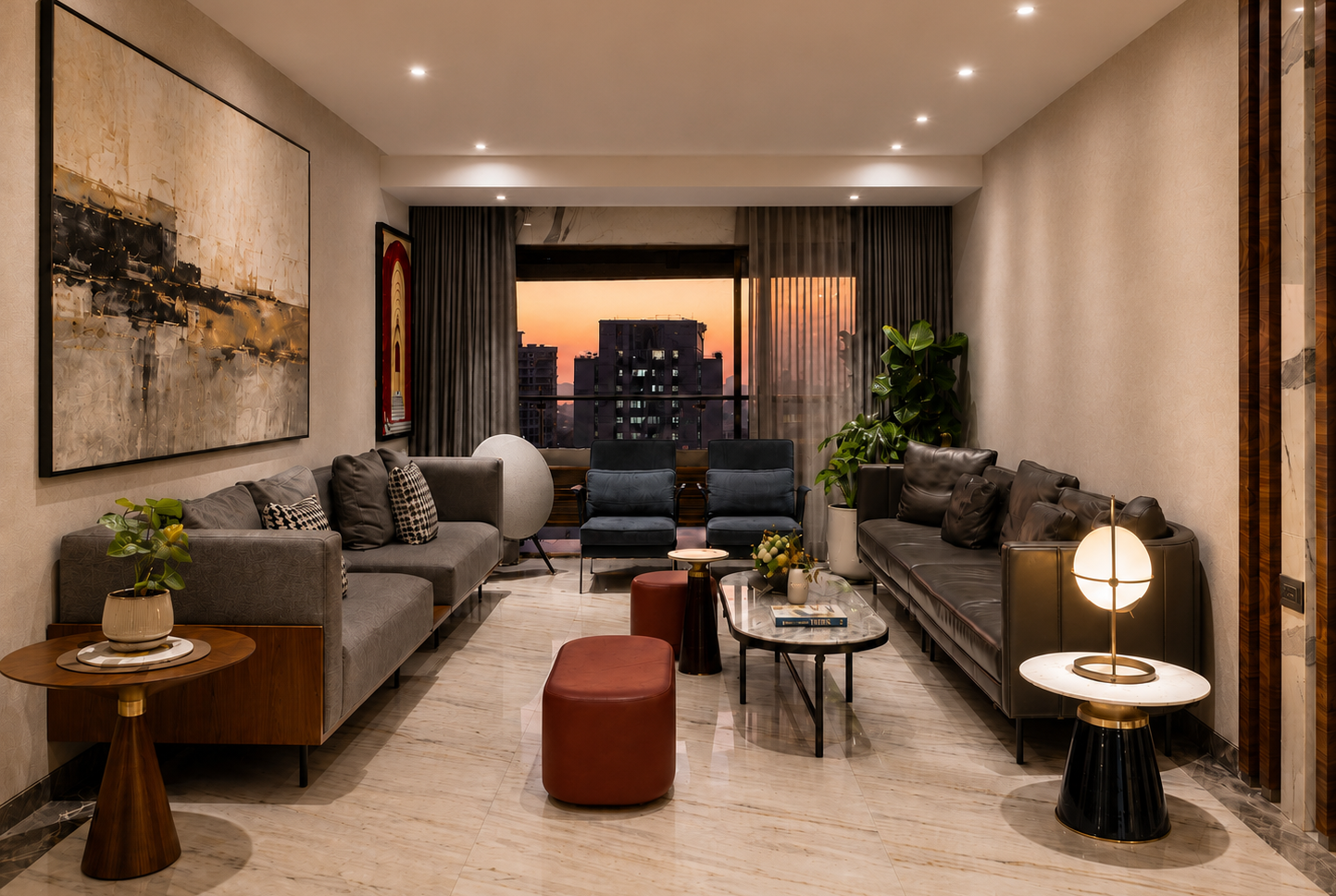Parthenon Residence living room with neutral interiors, custom furniture and city views