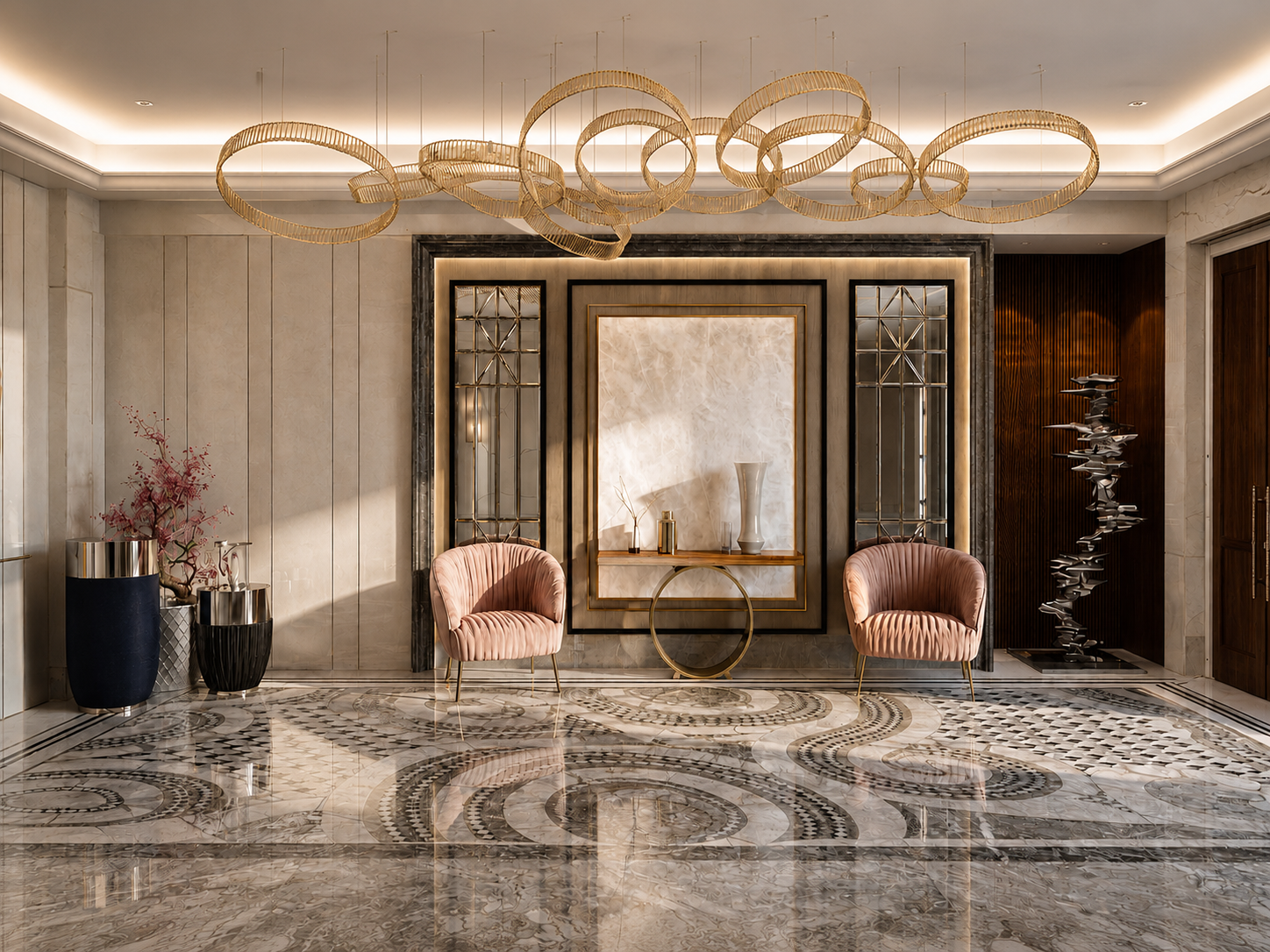 Luxury interior with marble flooring, sculptural lighting and elegant seating