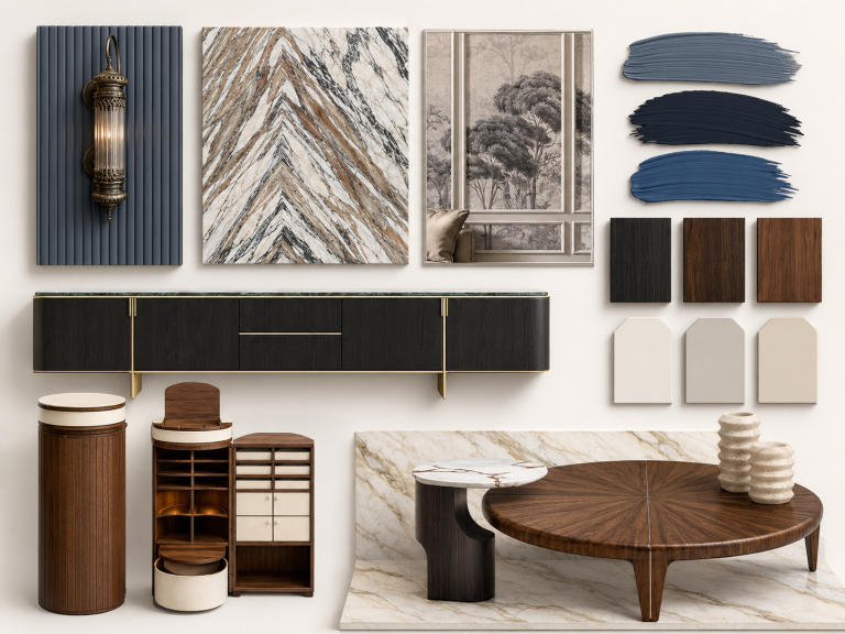 Interics interior design material board with marble, wood finishes, furniture and color samples by Interics, interior designers in Mumbai.